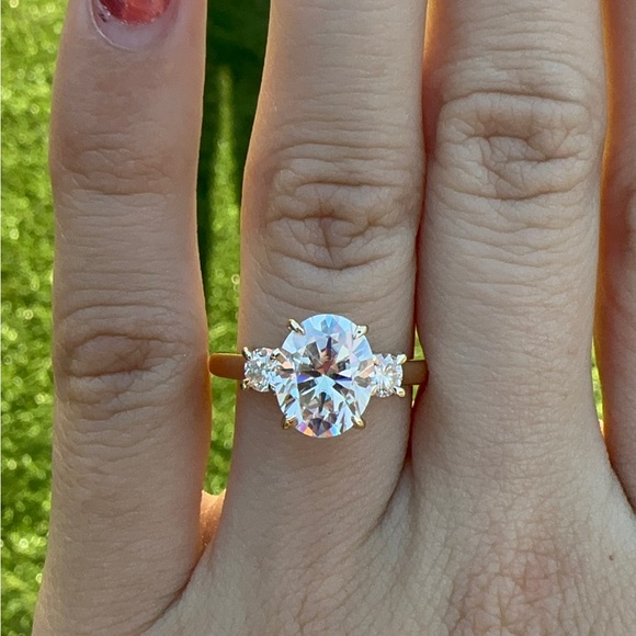 2.5-Carat Oval Moissanite Ring in 14k Yellow Gold | Trellis Setting with Round - Picture 6 of 14